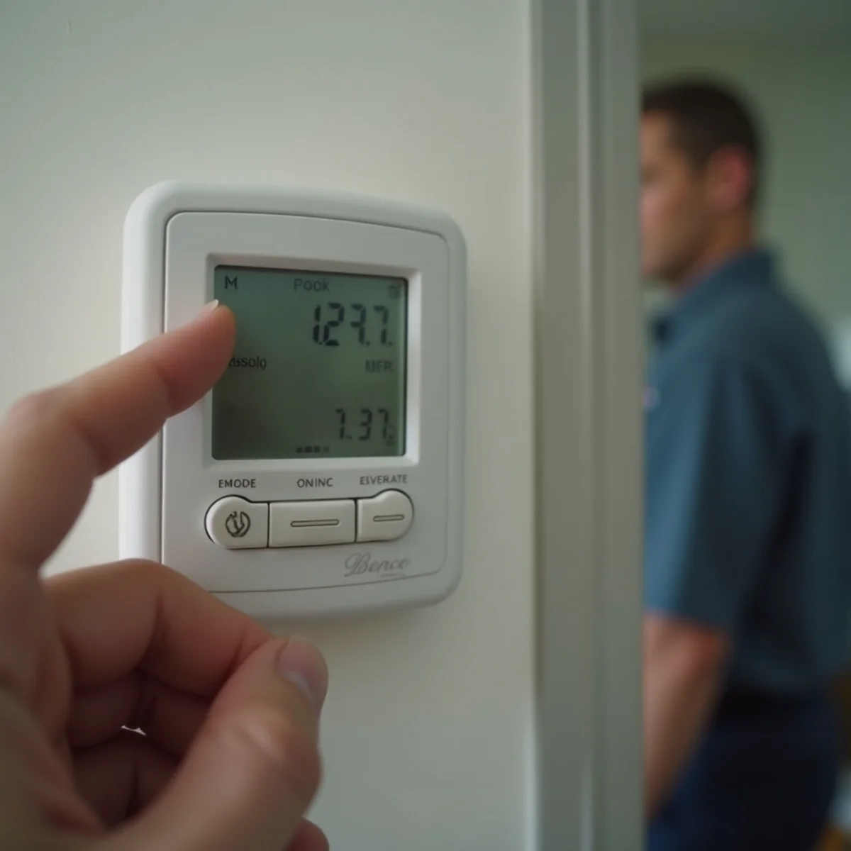Digital thermostat set to cool and auto fan mode in a residential home