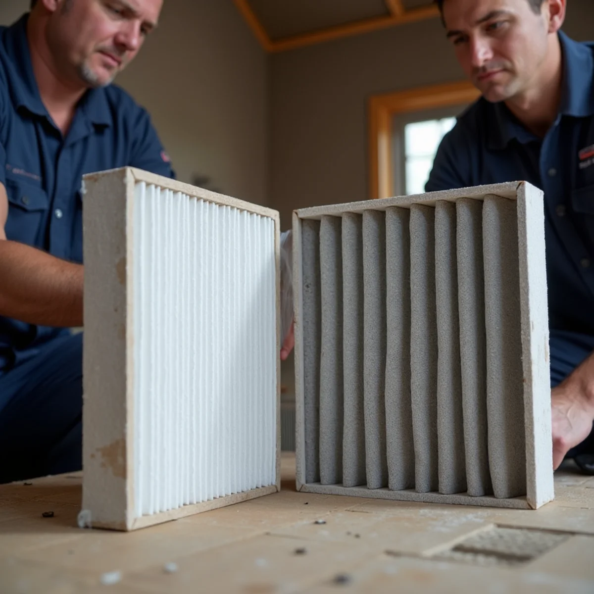 Comparison of dirty dust-choked air filter alongside clean white pleated filter