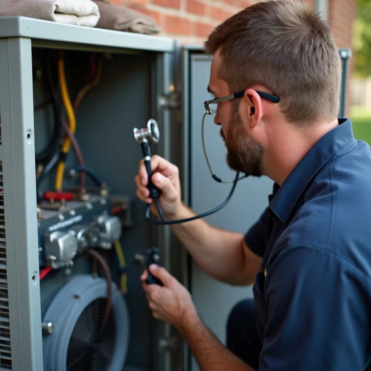 Licensed HVAC technician testing refrigerant pressure with digital gauges in Dunn NC