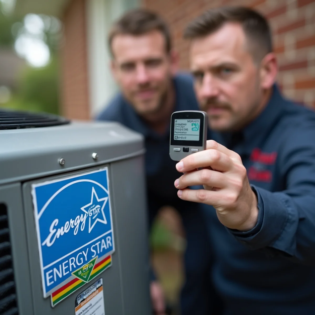 HVAC technician showing energy-efficient heat pump documentation to homeowner in Dunn NC