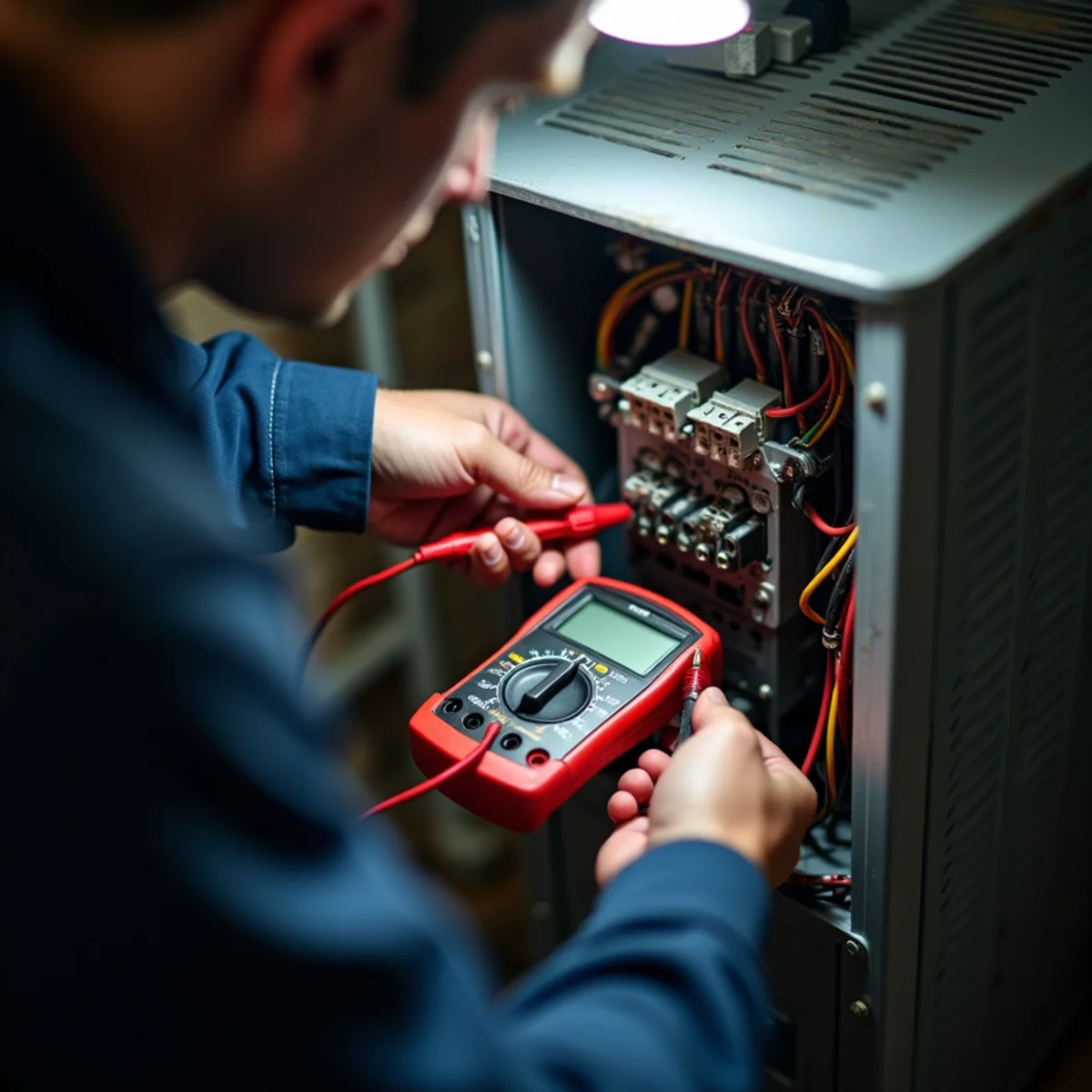Technician servicing electrical disconnect box with flashlight during night emergency call