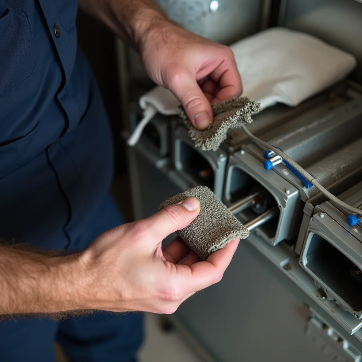 Technician cleaning and inspecting flame sensor and hot surface igniter in gas furnace