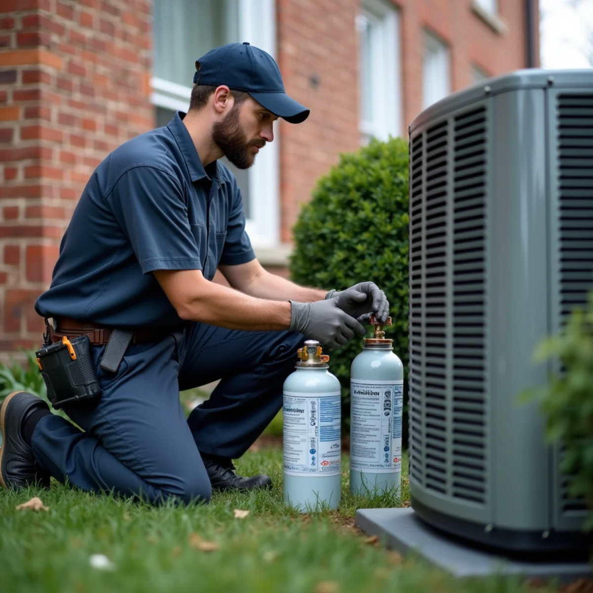 HVAC technician testing refrigerant manifold gauges on outdoor air conditioning condenser