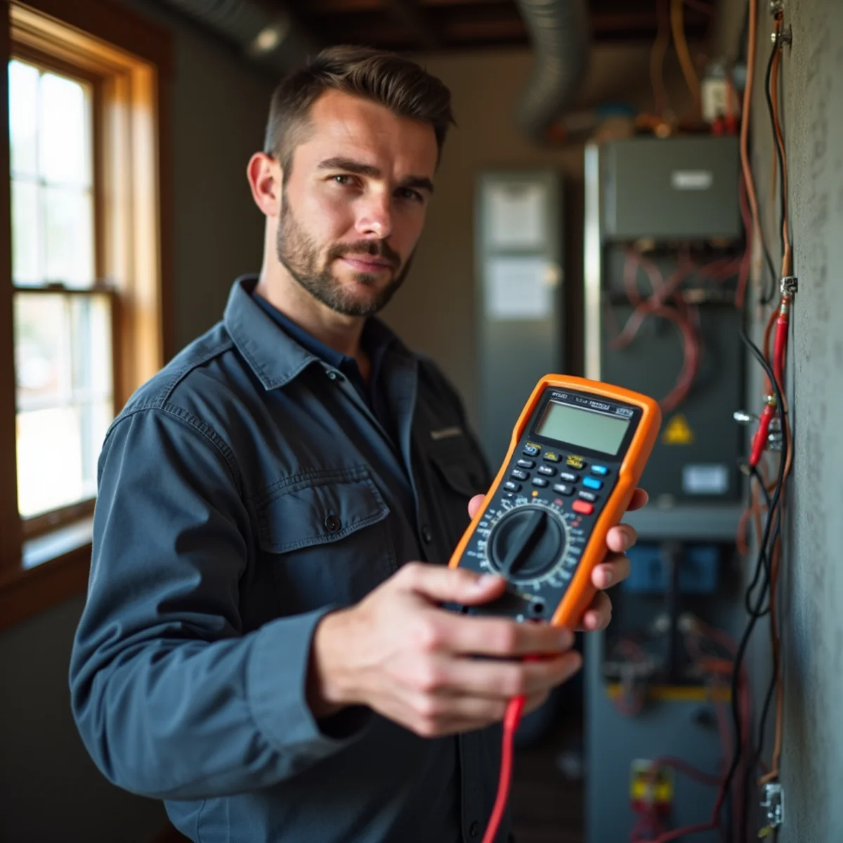 HVAC technician testing dual run capacitor with digital multimeter in Dunn NC